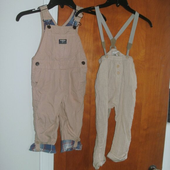2 Pairs of Pants NWT H&M organic cotton with suspenders 4T & Oshkosh Overalls 3T - Picture 1 of 4